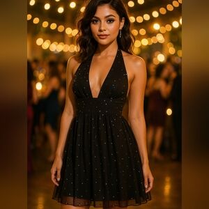 Johnny Martin Tulle halter v neck brown dress Embroidered Sequins Sz 9/10 New